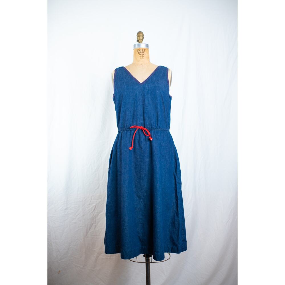 Vintage 90s Denim Jumper Midi Dress Dark Wash Jean Pinafore Red Trim, Cottage, S